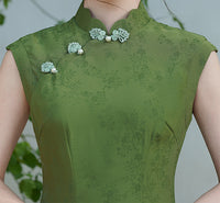 Mint-Green Jacquard Modern Qipao Maxi | Mandarin Neck, Floral Frog Buttons