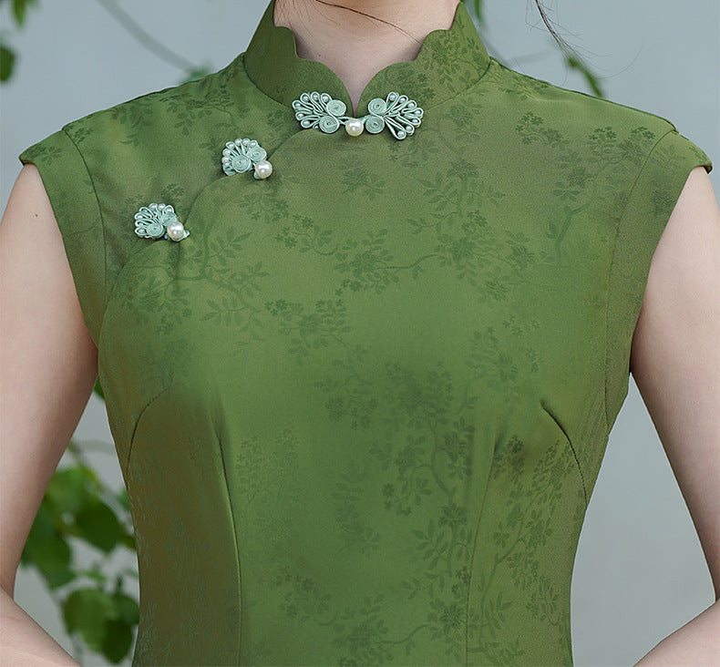 Mint-Green Jacquard Modern Qipao Maxi | Mandarin Neck, Floral Frog Buttons