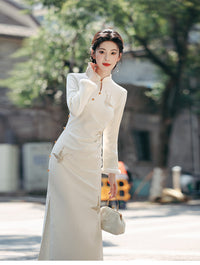 White Gold-Embroidered Winter Modern Qipao Elegant for Work & Banquets