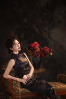 Black Floral Sleeveless Slim Qipao Dress | Mandarin Collar Frog Buttons Bodycon Side Slit Wedding Banquet Gown