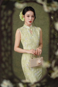 Pink Floral Sleeveless Velvet Qipao Dress | Slim Mandarin Maxi