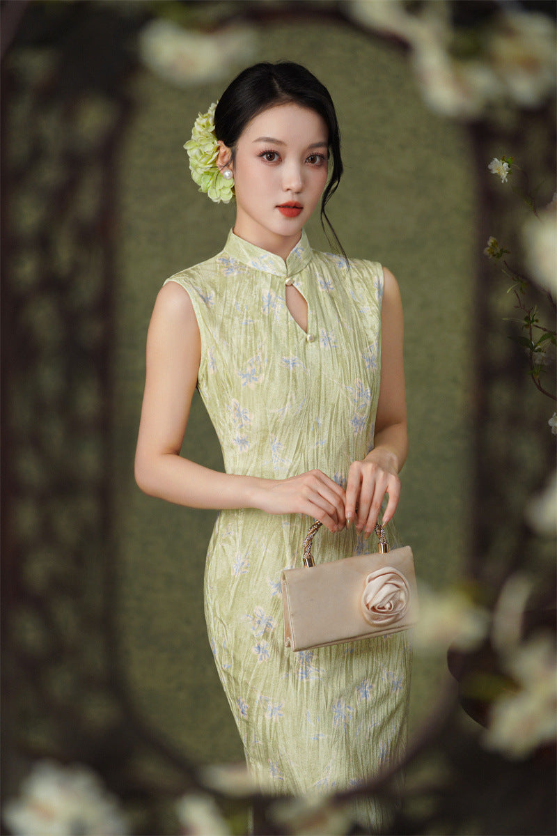 Pink Floral Sleeveless Velvet Qipao Dress | Slim Mandarin Maxi