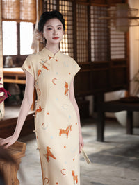Playful Horse Print Qipao | Cream Vintage Chinese Cheongsam Midi Dress