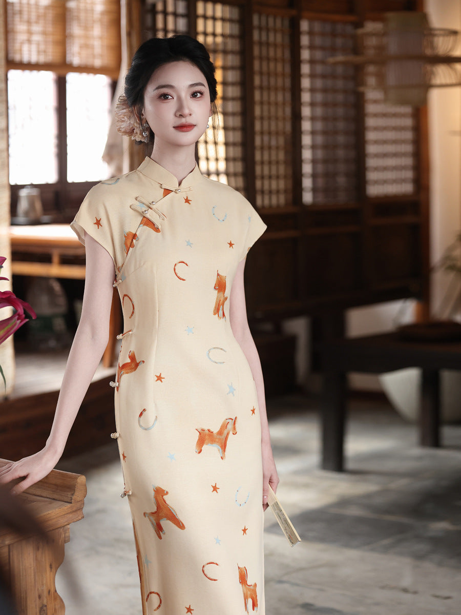 Playful Horse Print Qipao | Cream Vintage Chinese Cheongsam Midi Dress