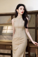 Cream Open-Knit Qipao Dress | Sleeveless Slim Midi