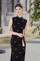 Black Sleeveless Jacquard Qipao | Slim Maxi Side-Slit Vintage-Elegant Gown