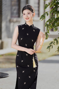 Black Sleeveless Jacquard Qipao | Slim Maxi Side-Slit Vintage-Elegant Gown