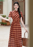 Red Check Modern Chinese Qipao Dress | Picnic & Day Trip Ready