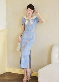 Blue Sailor Bow Qipao Dress | Slim Side-Slit, Retro Chic