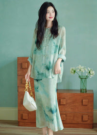 Modern Chinese Ink-Print Two-Piece Set | Sheer Frog-Button Top + Slim Maxi Dress
