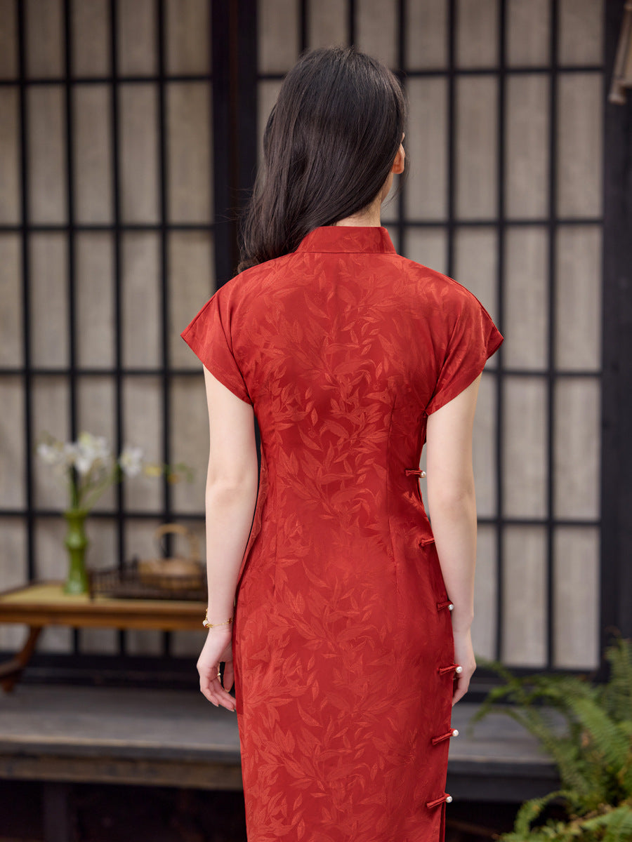 Classic Red Tonal Jacquard Short Sleeve Qipao Dress | Mandarin Collar Slim Maxi Cheongsam