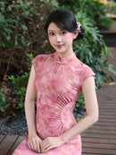 Pink Flocked Floral Print Sleeveless Mandarin Qipao Dress|Slim Mid Cheongsam
