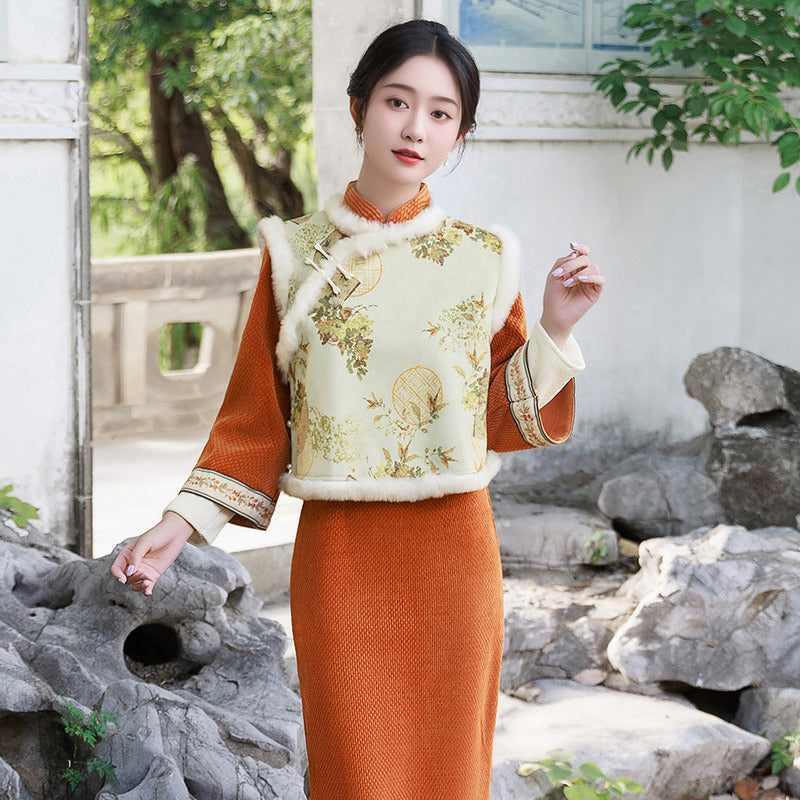 Elegant Embroidered Hanfu Winter Dress – Vintage Long Sleeve Cheongsam with Fur Trim