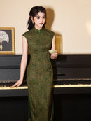 Green Jacquard Sleeveless Qipao Dress | Mandarin Collar Slim Maxi Cheongsam