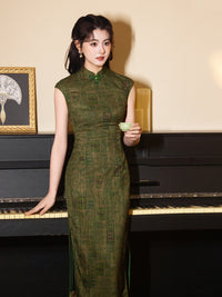 Green Jacquard Sleeveless Qipao Dress | Mandarin Collar Slim Maxi Cheongsam