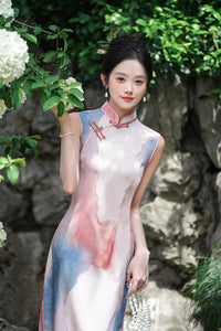 Watercolor Ombre Sleeveless Qipao Maxi | Pink–Blue Mandarin Collar