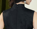 Vintage Black Double-Layer Jacquard Cheongsam Dress | Sleeveless