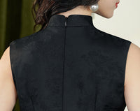 Vintage Black Double-Layer Jacquard Cheongsam Dress | Sleeveless