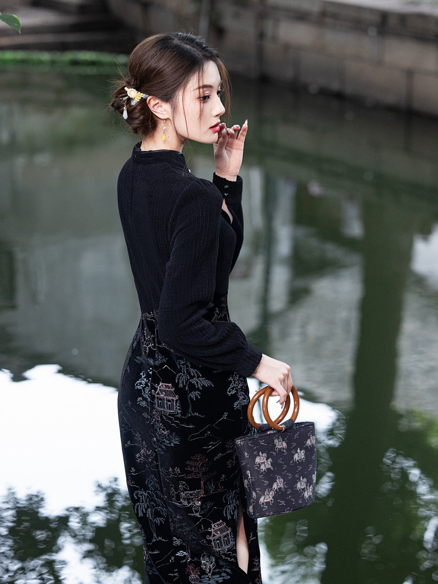 Winter New-Chinese Black Bodycon Dress