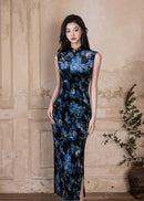 Blue Floral Vintage Sleeveless Slim Qipao Dress