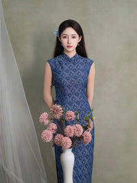 Dusty Blue Jacquard Sleeveless Long Qipao Dress | Mandarin Collar Slim Vintage Banquet Gown