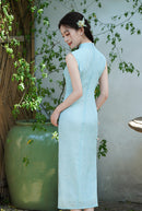 Aqua Jacquard Modern Qipao Maxi | Mandarin Neck with Floral Frog Buttons