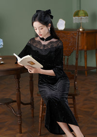 Black Lace-Paneled Qipao | Modern Mandarin, Slim Mid-Length Evening Dress