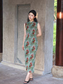 Green Rose Floral Print Sleeveless Mesh Qipao Dress|Slim Mandarin Midi Cheongsam