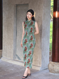 Green Rose Floral Print Sleeveless Mesh Qipao Dress|Slim Mandarin Midi Cheongsam