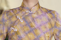Vintage Checkered Qipao Long Dress | Golden-Violet Gradient Plaid
