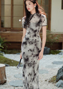 Ink-Wash Modern Qipao Midi | Short Sleeves & Black-Grey