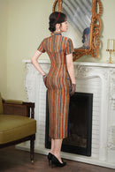 Modern Chinese Retro Striped Qipao Dress | Mandarin Collar Frog Buttons Slim Midi Side Slit
