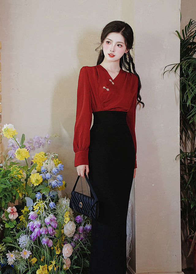 Modern Chinese Two-Piece Set – Red Pleated Top with Frog Buttons | High-Waist Straight Maxi Skirt
