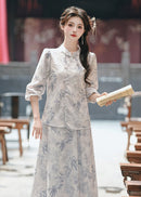 Mist-Grey Ink-Print Modern Hanfu Set | Mandarin-Collar Puff-Sleeve Top & High-Waist Skirt