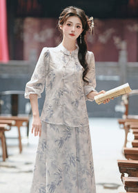 Mist-Grey Ink-Print Modern Hanfu Set | Mandarin-Collar Puff-Sleeve Top & High-Waist Skirt