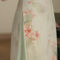 Mint-Green Watercolor Lotus Qipao Midi | Mandarin Short Sleeves
