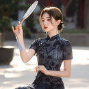 天鹅绒黑色碎花旗袍连衣裙优雅晚装风格