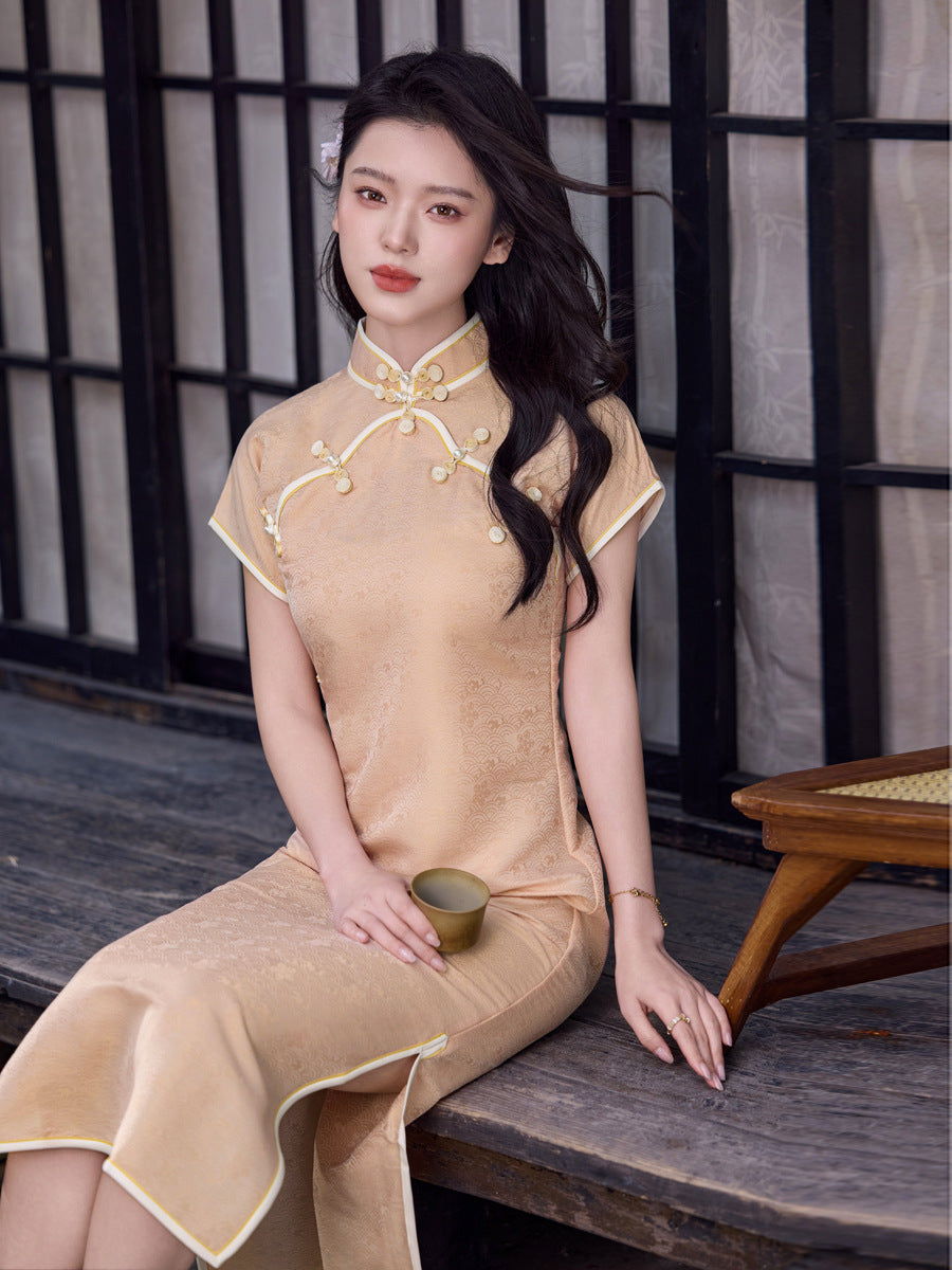Champagne Apricot Gold Jacquard Short Sleeve Qipao Dress | Mandarin Collar Slim Maxi Cheongsam