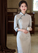 Ice-Blue Jacquard Qipao | 3/4 Sleeve Slim Long Dress