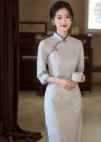 Ice-Blue Jacquard Qipao | 3/4 Sleeve Slim Long Dress