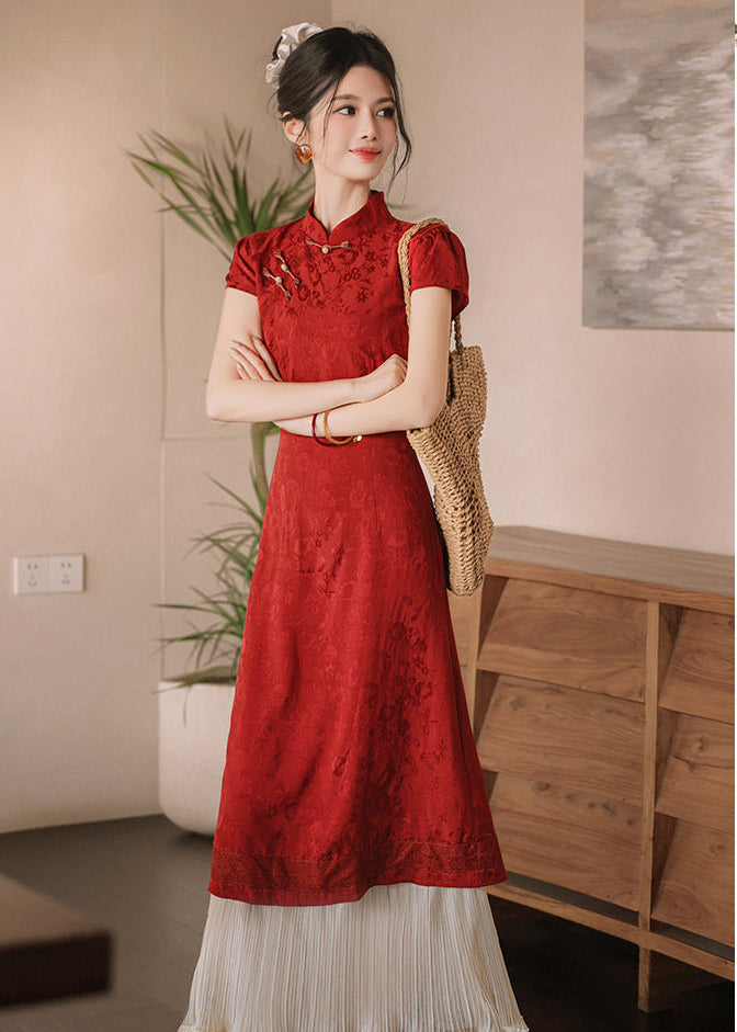 Wine Red Jacquard Mandarin Qipao Dress | A-Line Slim Waist Layered Pleated Tassel Skirt New Chinese Style