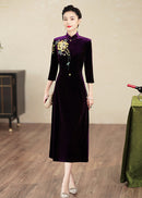 Embroidered Modern Qipao Maxi | Wine Red/Purple/Black | Mandarin Collar 3/4 Sleeves