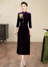 Embroidered Modern Qipao Maxi | Wine Red/Purple/Black | Mandarin Collar 3/4 Sleeves