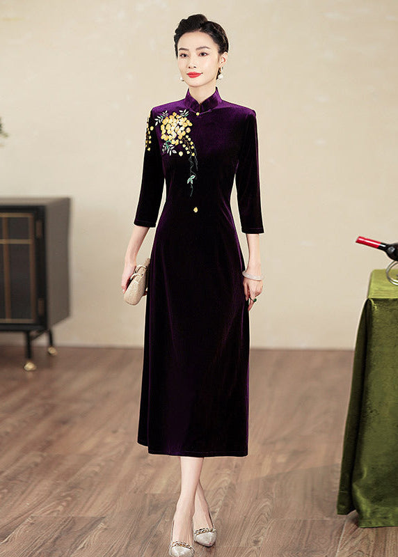 Embroidered Modern Qipao Maxi | Wine Red/Purple/Black | Mandarin Collar 3/4 Sleeves