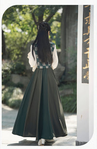 Spring Tang-Style Blouse & Eight-Panel Skirt Set | Deep-Green Patchwork Vest, Lantern Sleeves, High-Waist Flowing Maxi