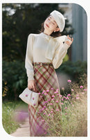 High-Waist Plaid Wool Skirt Set | Two Knit Tops Options