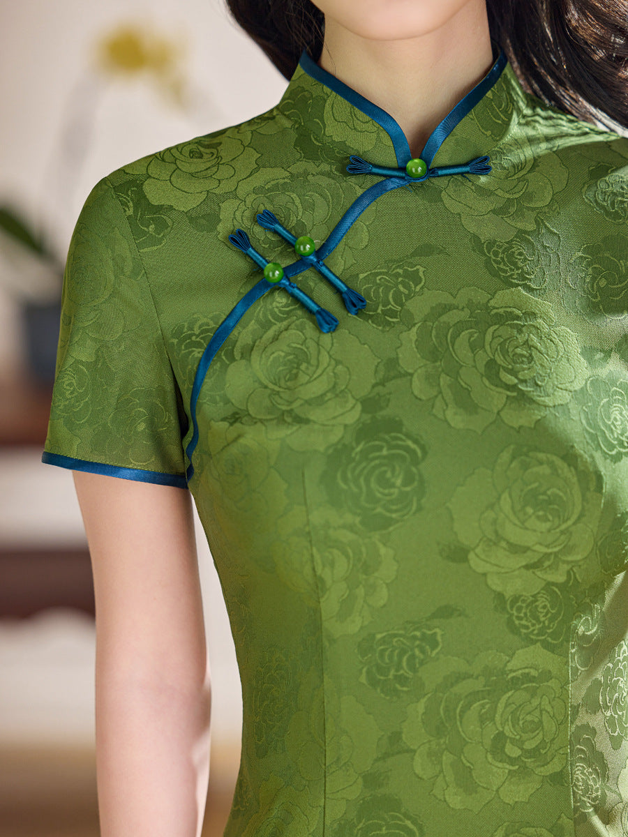 Emerald Green Blue-Piping Tonal Jacquard Short Sleeve Qipao Maxi Dress | Mandarin Collar Slit Cheongsam