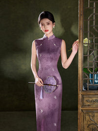Burgundy Tonal Jacquard Sleeveless Qipao Maxi Dress | Mandarin Collar Slit Cheongsam