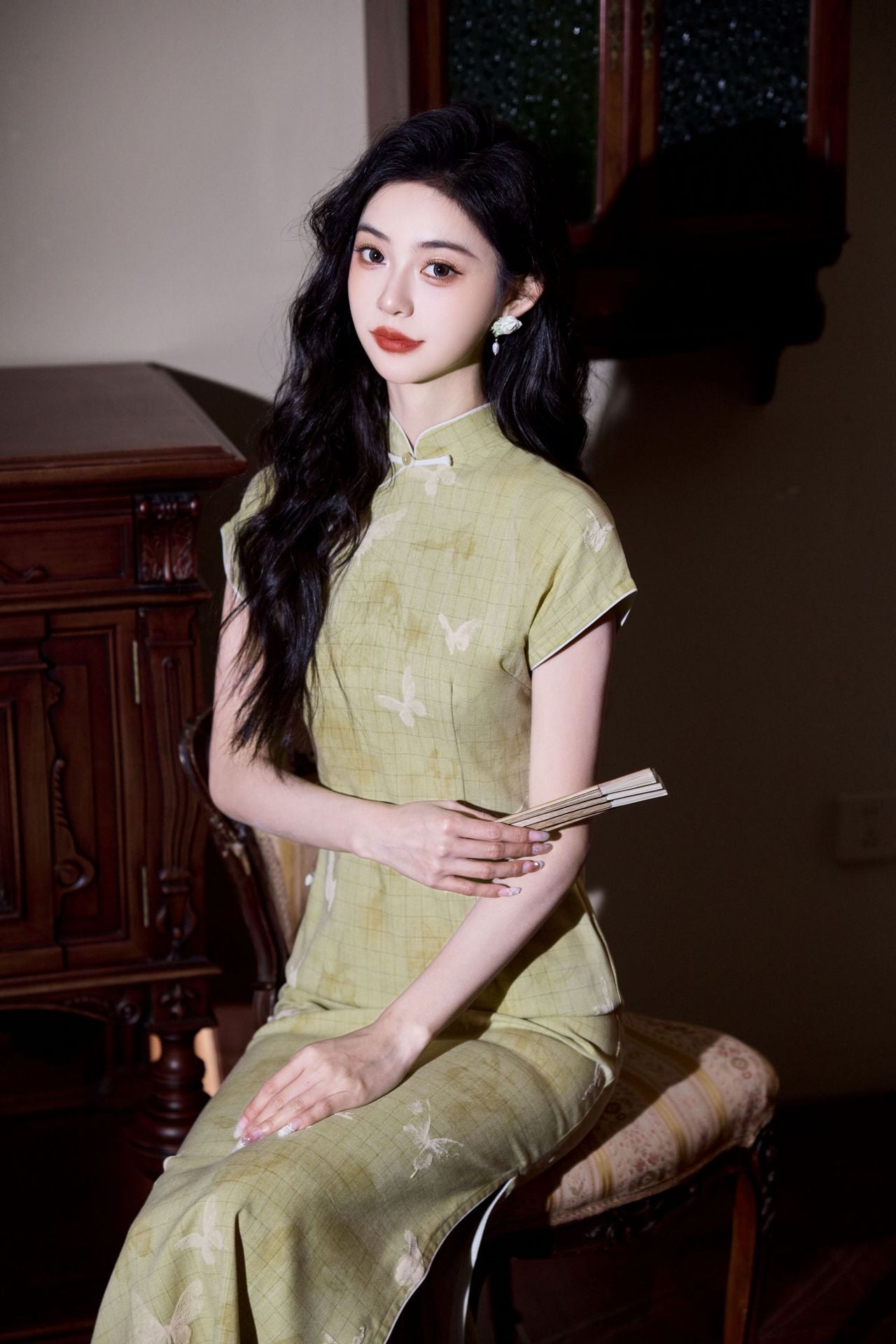 Butterfly Print Modern Qipao Maxi | Mandarin Collar & Frog Buttons