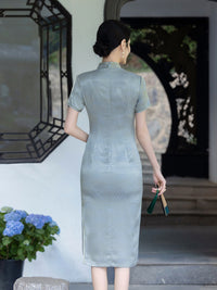 Summer Plus-Size Jacquard Modern Qipao | Mandarin Short Sleeve Keyhole, Slim Midi with Side Slit